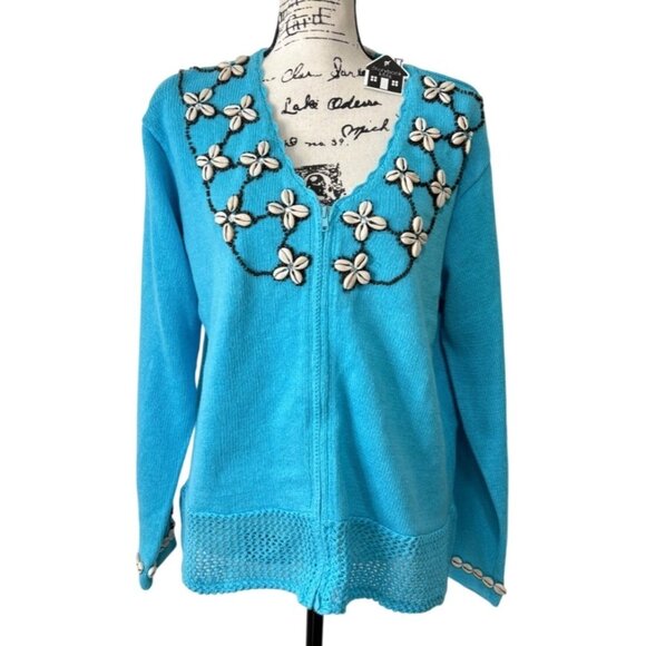 Storybook Knits Sweaters - Storybook Knits Blue Cardigan Sweater Sea Shell Embellished Full Zip XL - READ